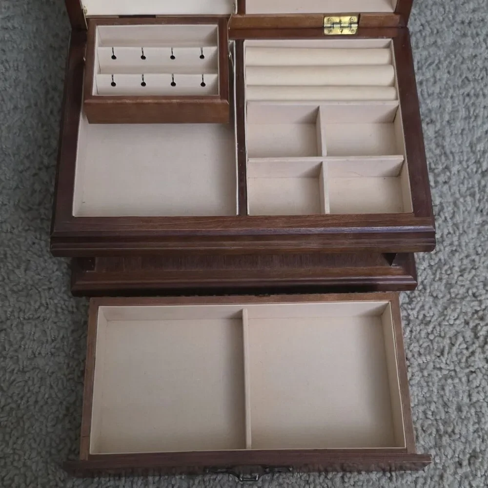 Pristine Vintage 1980s Burl Wood Jewelry Box Large Keepsake Chest Drawer Mint